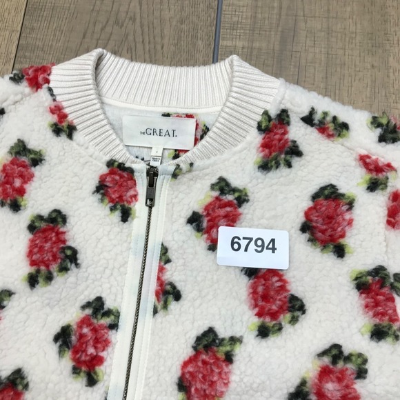 The Great. Bomber Jacket Womens Size 1 US Small Zip Plush Cream Rose Fleece - Picture 14 of 14